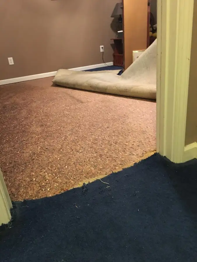 Carpet pad removal revealing water damage during Water Mitigation Services in Islip